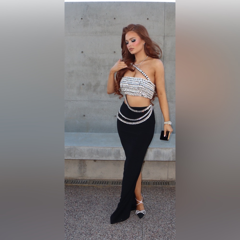 Albina Dyla Silver Crop Top with Black skirt